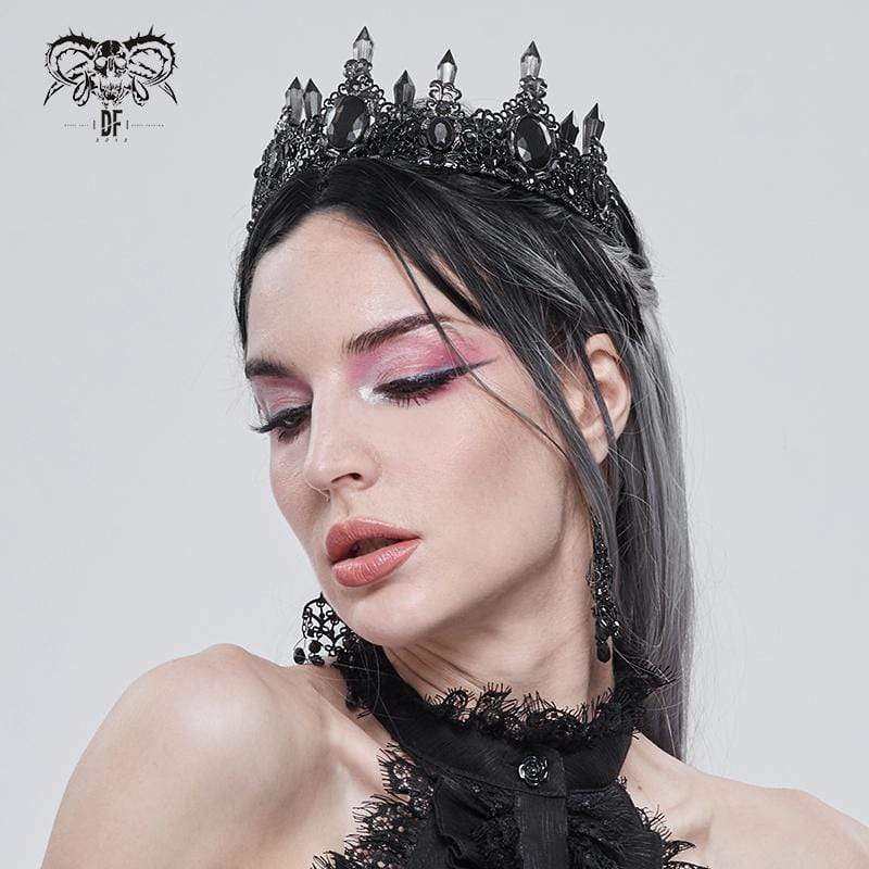 Close-up of a gothic headpiece with intricate black gemstone details and ornate metalwork, capturing a regal and mysterious vibe.