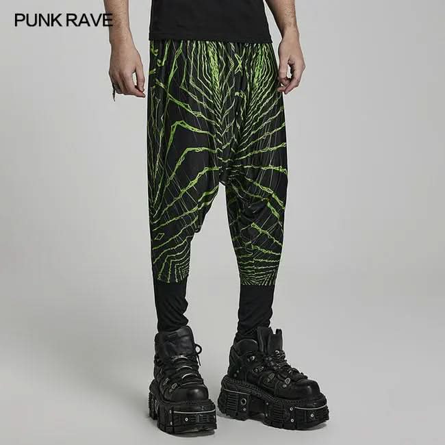 Side profile of joggers showing the loose silhouette and printed fabric detail.

