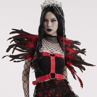 Front view of red gothic PU leather harness with silver studs and adjustable waist