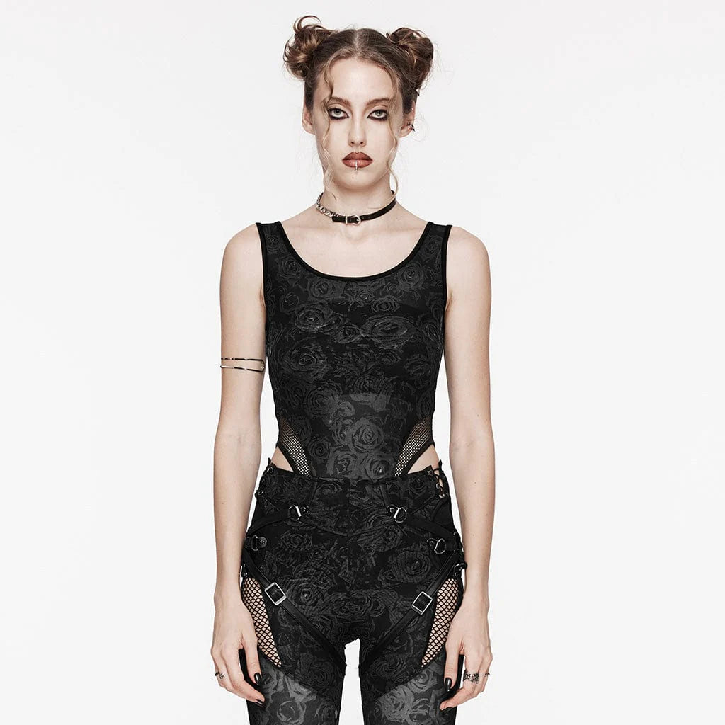 Model wearing the Necrosis Gothic women's bodysuit featuring a delicate rose print pattern, scoop neckline, and black solid mesh detailing on the hips.