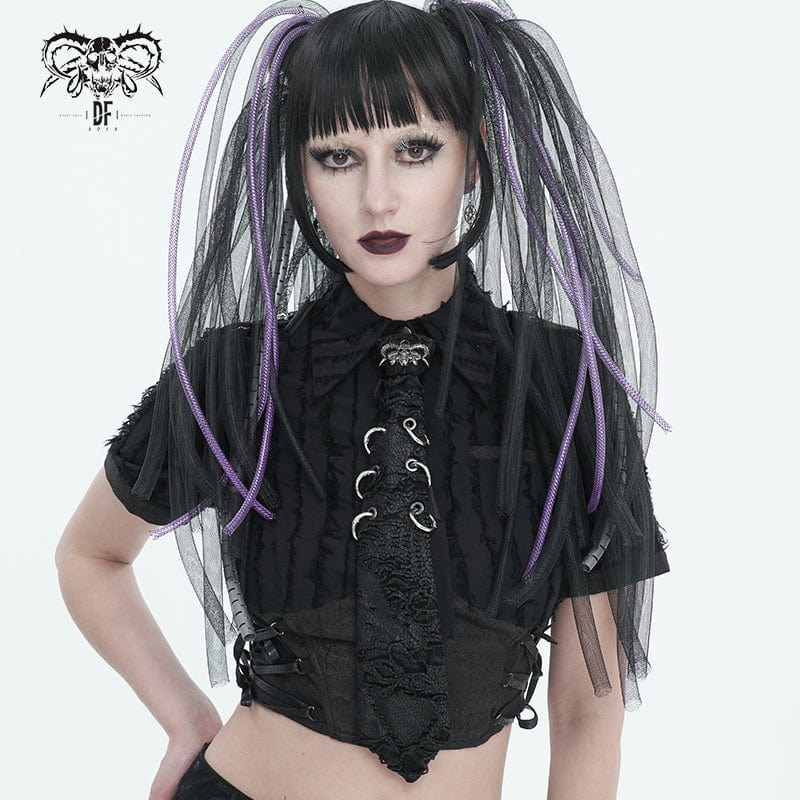 Front view of Ringneck gothic women’s necktie with distressed fabric, scale texture, and O-ring detail featuring a devil skull pendant.