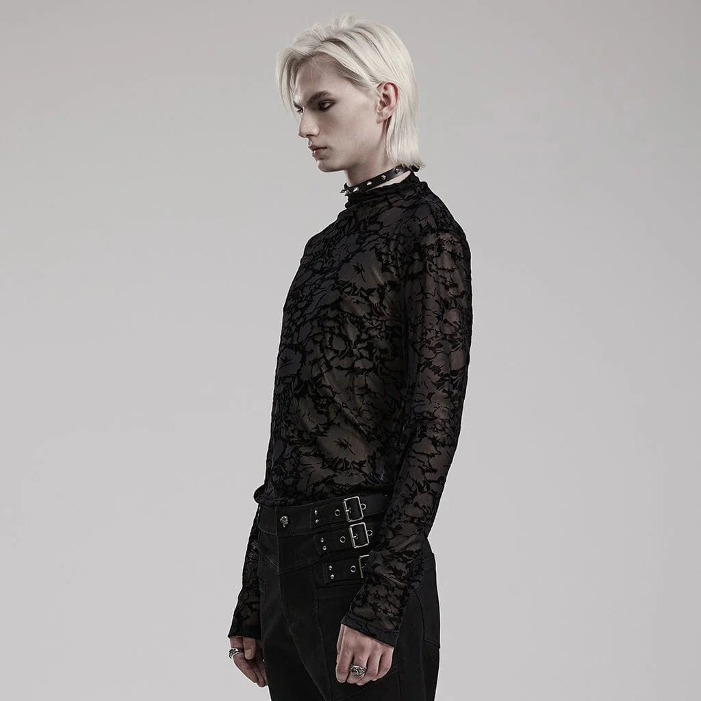 Side view of the Omen gothic men's top on model, featuring the elegant floral pattern and sleek black mesh fabric that contours the body for a sharp, modern fit.