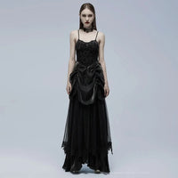 Full front view of model wearing black and gold gothic slip dress