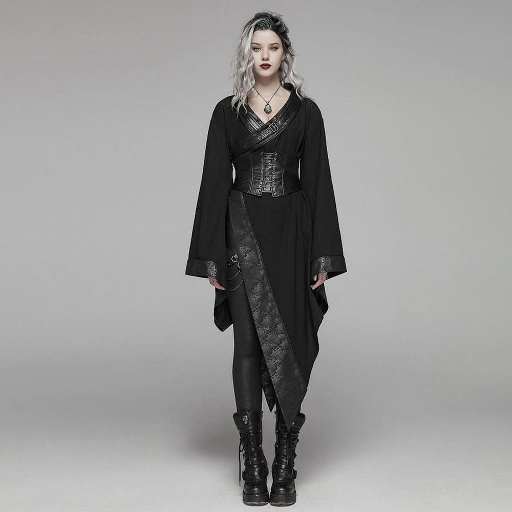 Model wearing the Queen of Darkness dress with wide furisode sleeves and a high side slit.