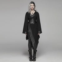 Model wearing the Queen of Darkness dress with wide furisode sleeves and a high side slit.
