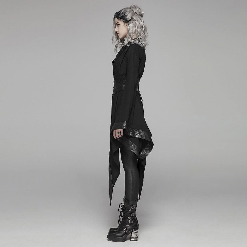 Side profile of the Queen of Darkness dress highlighting the flowing furisode sleeve and the bold high slit.