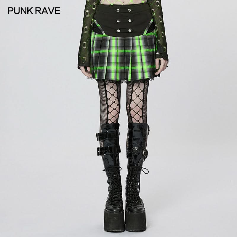 Front-facing view of the model in the Reaper Skirt, emphasizing the high waistline and sharp pleated structure.