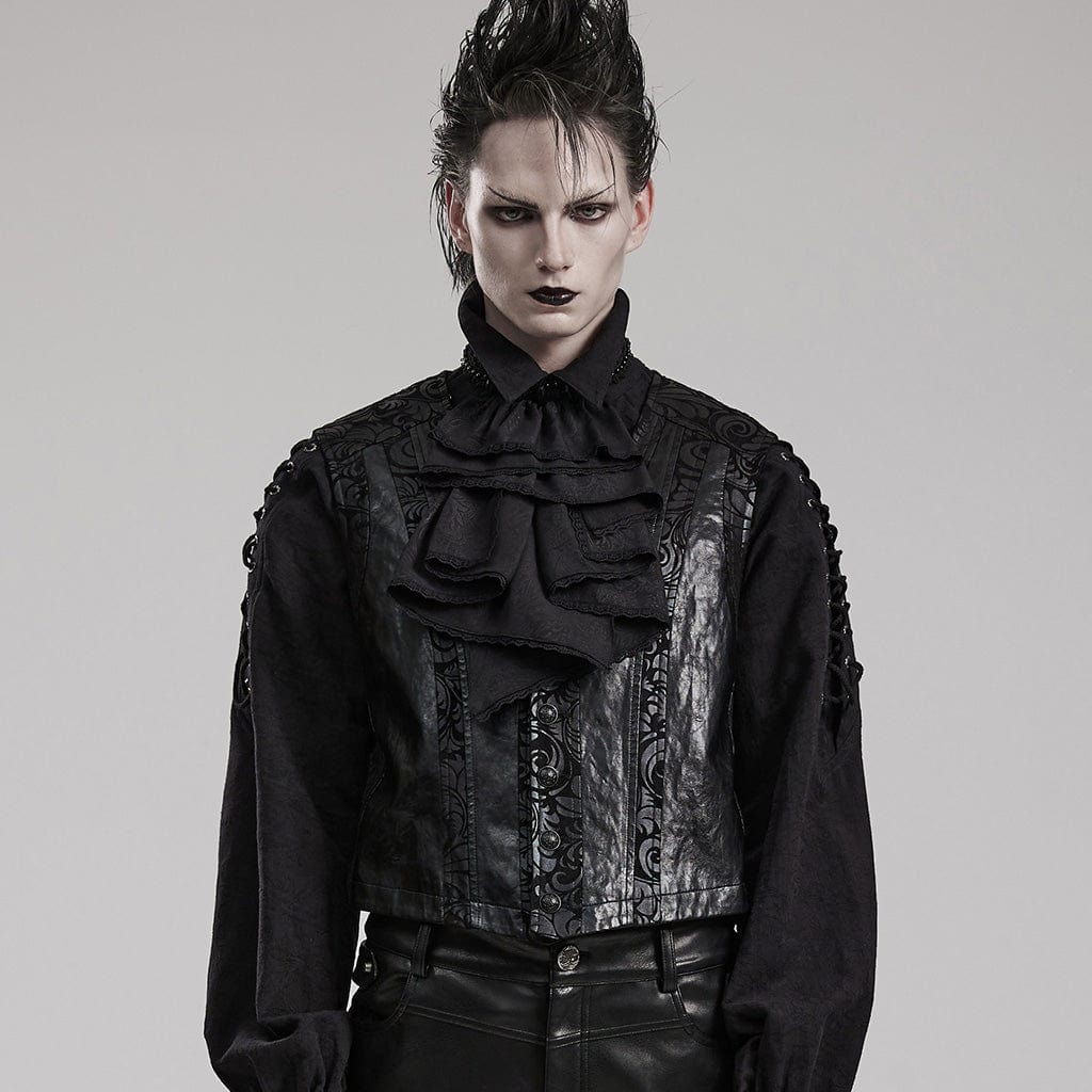 Model wears the Reburied Gothic jabot with layered black ruffles, embroidered lace, and ornate bead detailing.