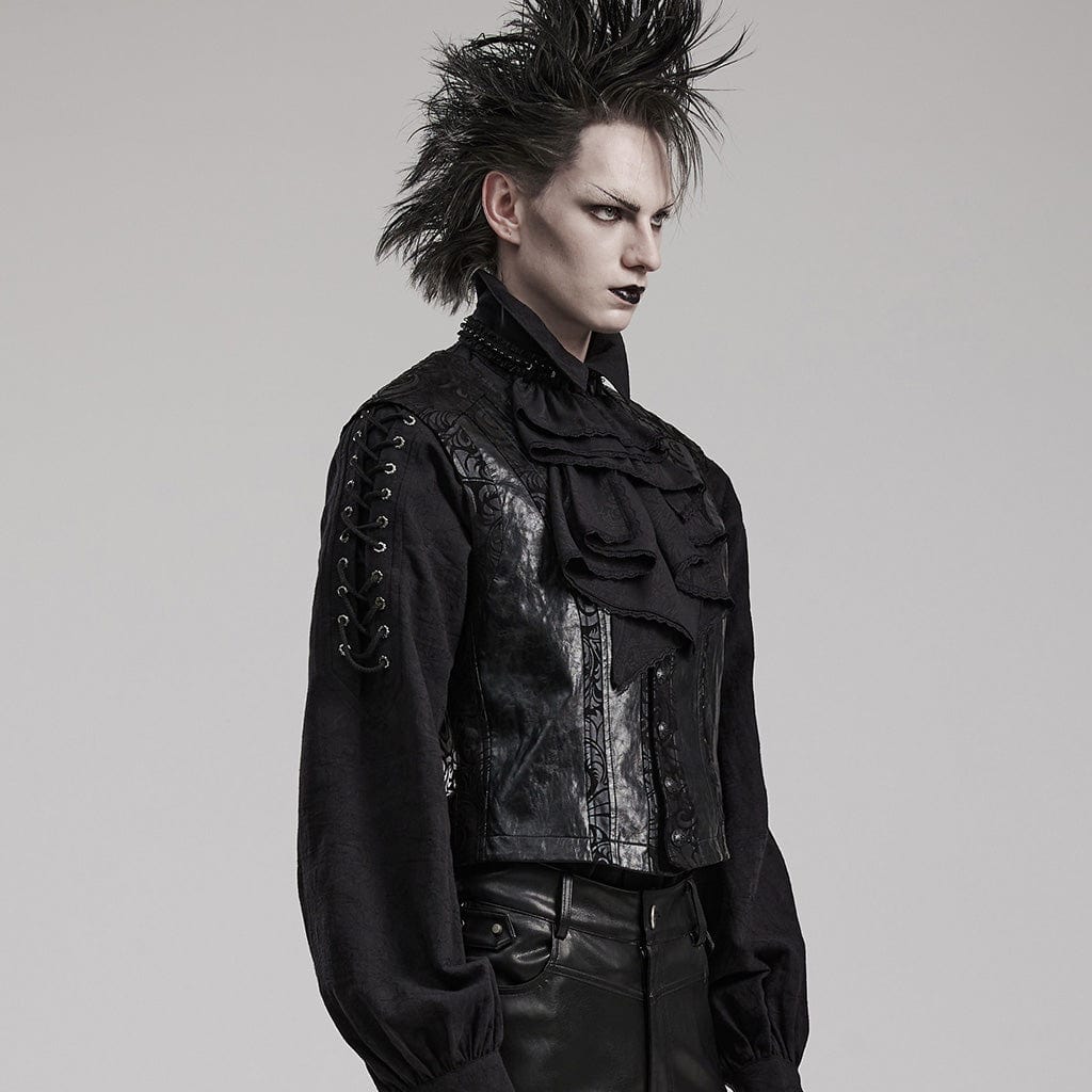 Side profile of model wearing the Reburied jabot, showing the layered ruffles cascading down the chest with lace edges and gem detail.