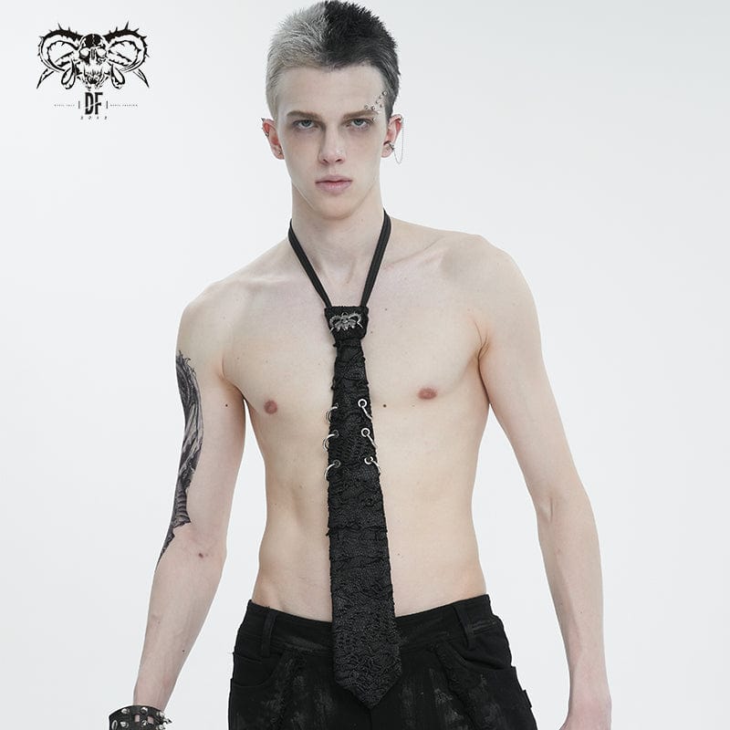 Front view of Ringneck gothic men’s necktie featuring distressed fabric and scale-textured design with O-ring detail.