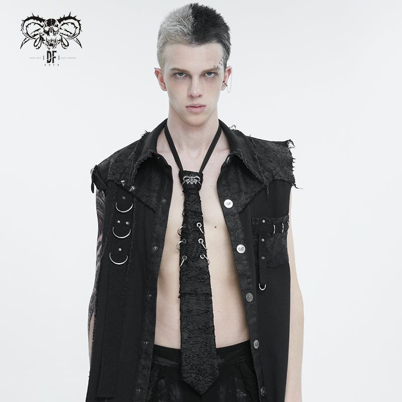 Model wearing Ringneck black gothic necktie with skull pendant, styled with a structured black shirt.