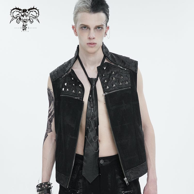 Front view of Sin Eater gothic men’s necktie with folded layers, silver cone-shaped rivets, and hanging chains.