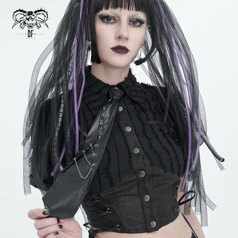 Front view of Sin Eater gothic women’s necktie featuring folded detailing and suspended silver chains.