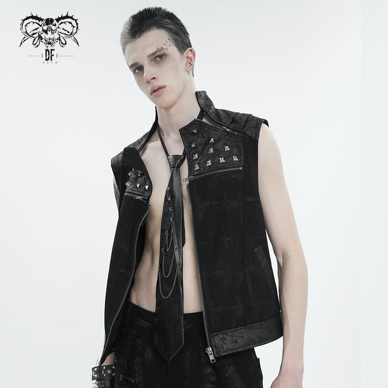Model wearing Sin Eater gothic necktie styled with a black shirt, showcasing layered folds and industrial hardware.
