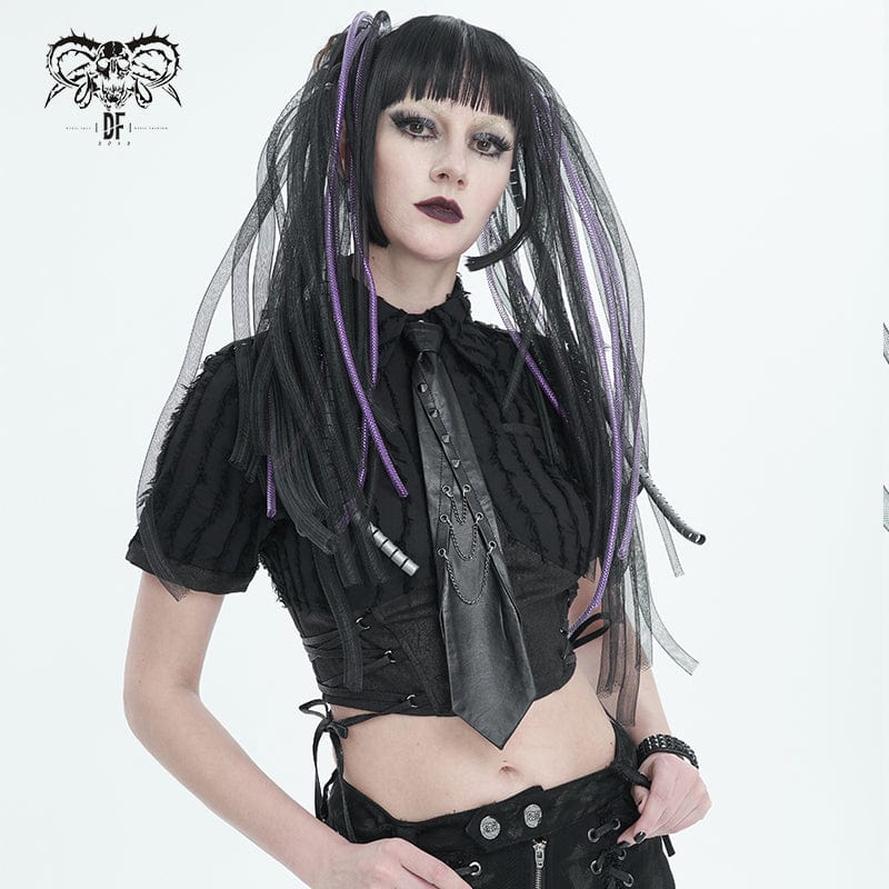 Model wearing Sin Eater necktie styled with dark gothic apparel, showcasing layered chains and rivet details.