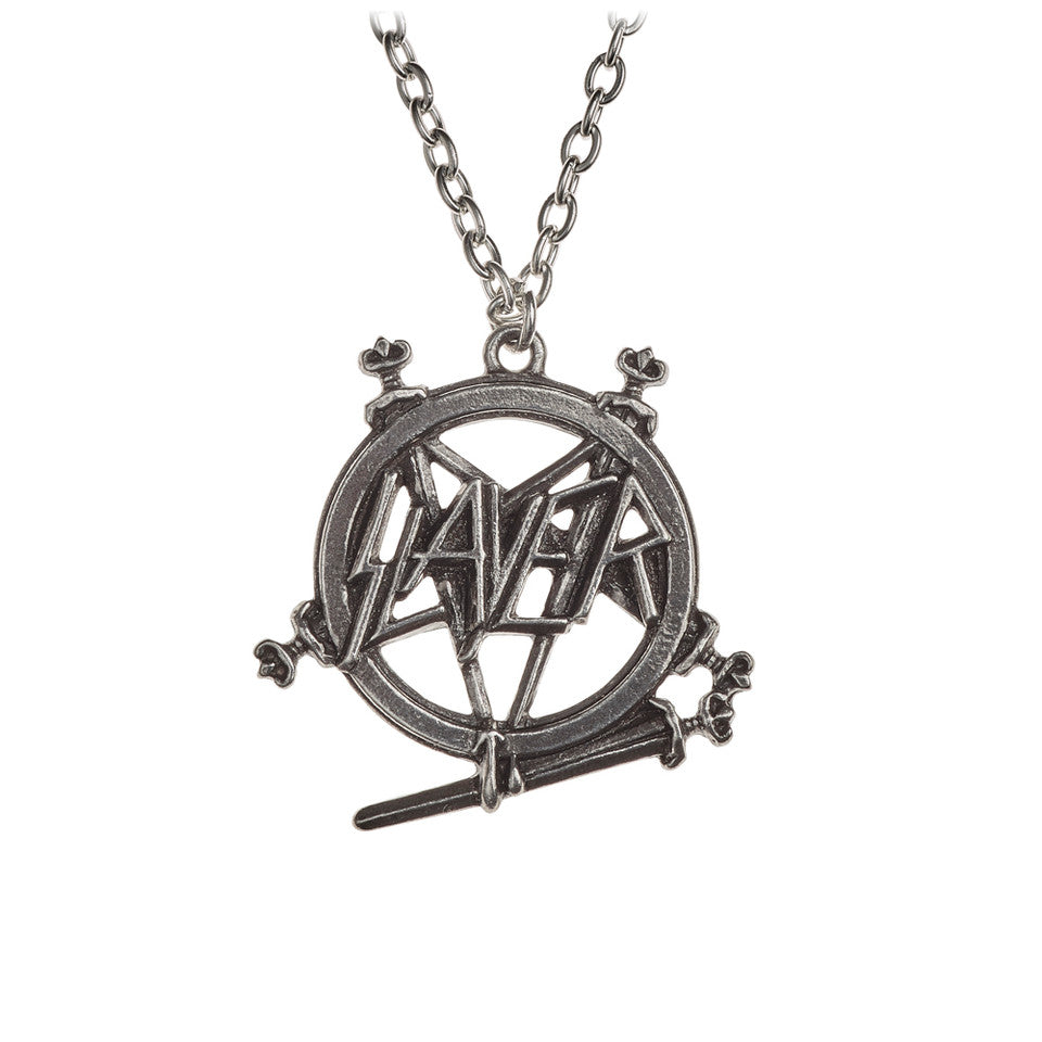 Close-up of pewter Slayer pendant featuring a semi-pentagram of swords and the classic Slayer logo, inspired by the 1983 "Show No Mercy" album cover.