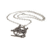 Gothic metal necklace with Slayer emblem and sword pentagram design, displayed on a 21-inch chain against a dark background.