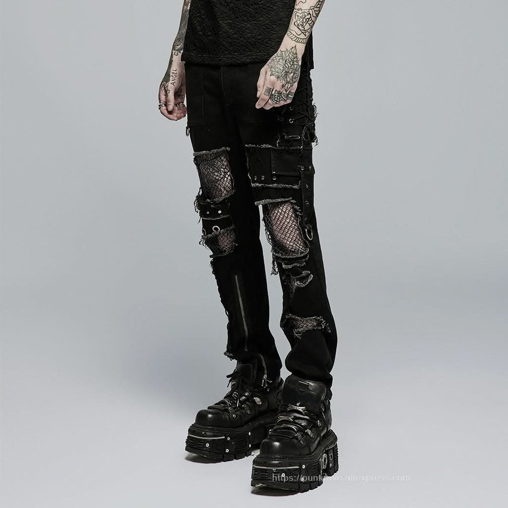 Side angle highlighting the asymmetric eyelet panel running down the leg and the partially unzipped side detail.