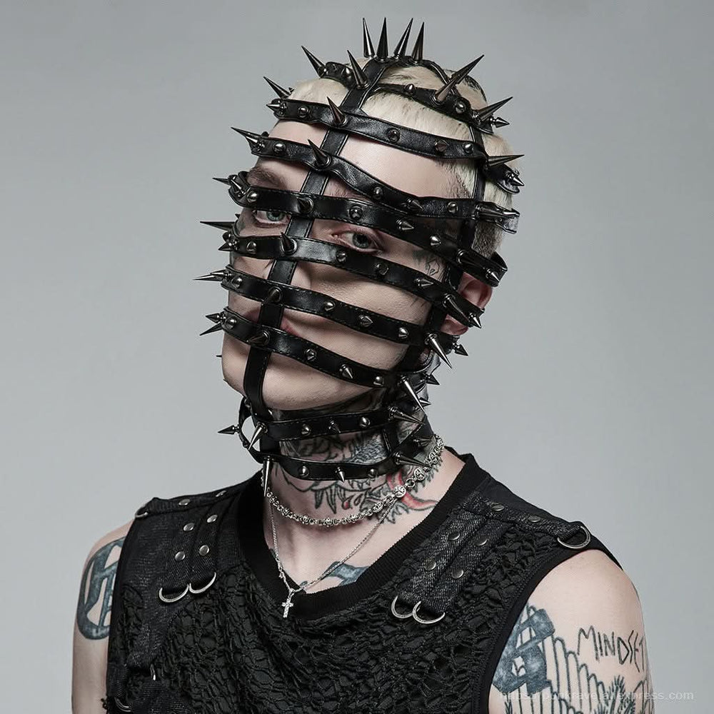 Front view of gothic men's black mask with PU straps, alloy spikes, and adjustable neckline