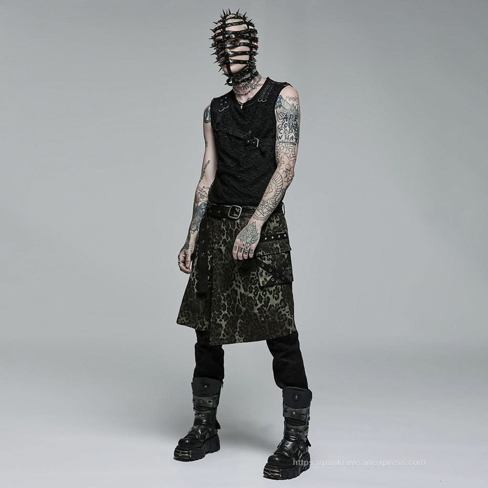 Model wearing gothic men's black mask with spiked accents and adjustable neckline, styled with alternative fashion