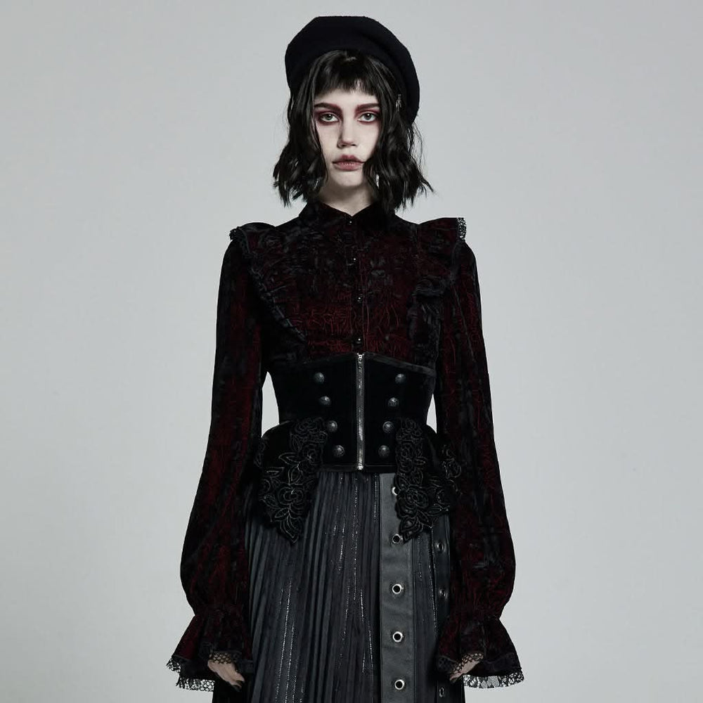 Front view showcasing the corset with zipper detail and elegant gothic design
