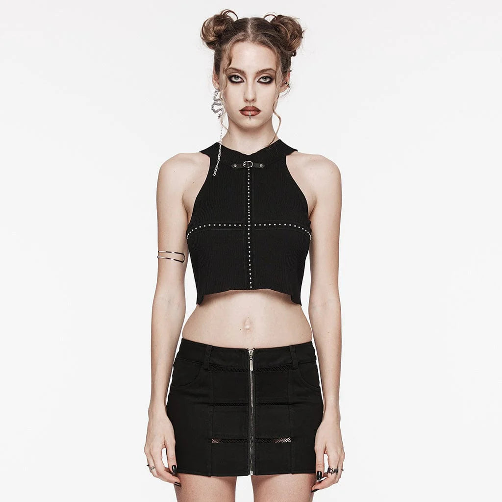 Front view of the Vaulted Gothic Women's Halter Top, featuring a sleeveless design with a halter neckline, strappy cut-out detail on the back, and high-quality ripped knitted black fabric. The top is embellished with mesh tape, silver studs, and a faux leather strap on the neckline. Composition: 100% Viscose for a comfortable fit with edgy gothic flair.