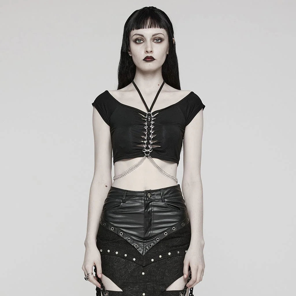 Model wearing the Vessel Me Women's Gothic Crop Top with short sleeves and a rounded scoop neckline. The top features adjustable tie-up straps and a cut-out center detail, adorned with intertwined chain mail and suspended chains at the waist, giving it an edgy, industrial look. The fabric composition of 95% Viscose and 5% Elastane offers a comfortable and flexible fit.