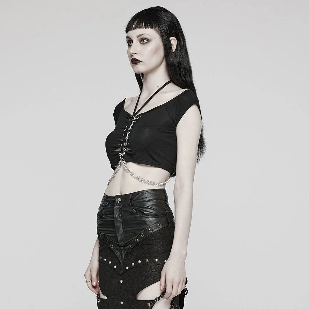Side view of the Vessel Me Women's Gothic Crop Top with short sleeves. The top’s unique cut-out center is paired with delicate chain mail details and suspended chains at the waist, creating an alluring and gothic aesthetic. It’s made from 95% Viscose and 5% Elastane for a flexible and sleek fit.