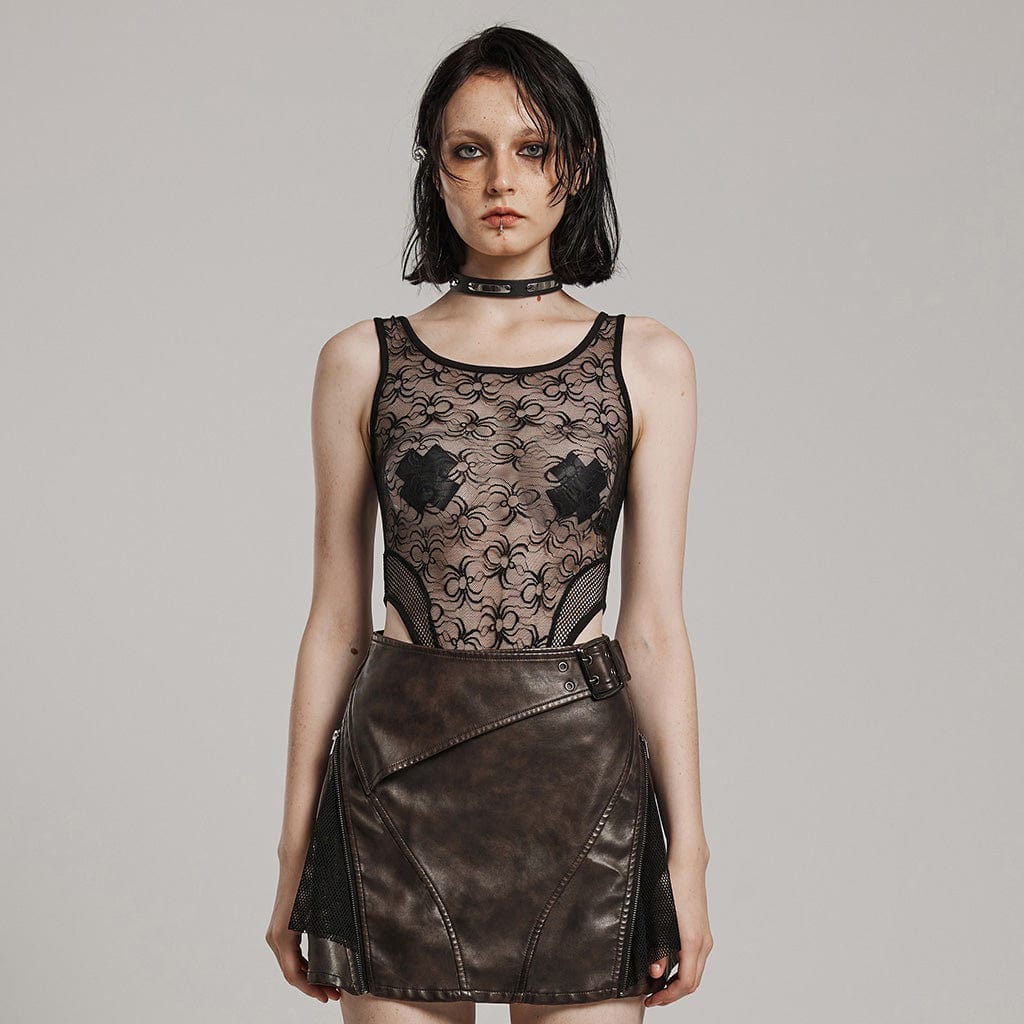 Model wearing the Web Of Lies gothic women's bodysuit, showcasing the sheer black mesh fabric with an intricate spider pattern and high-cut design.