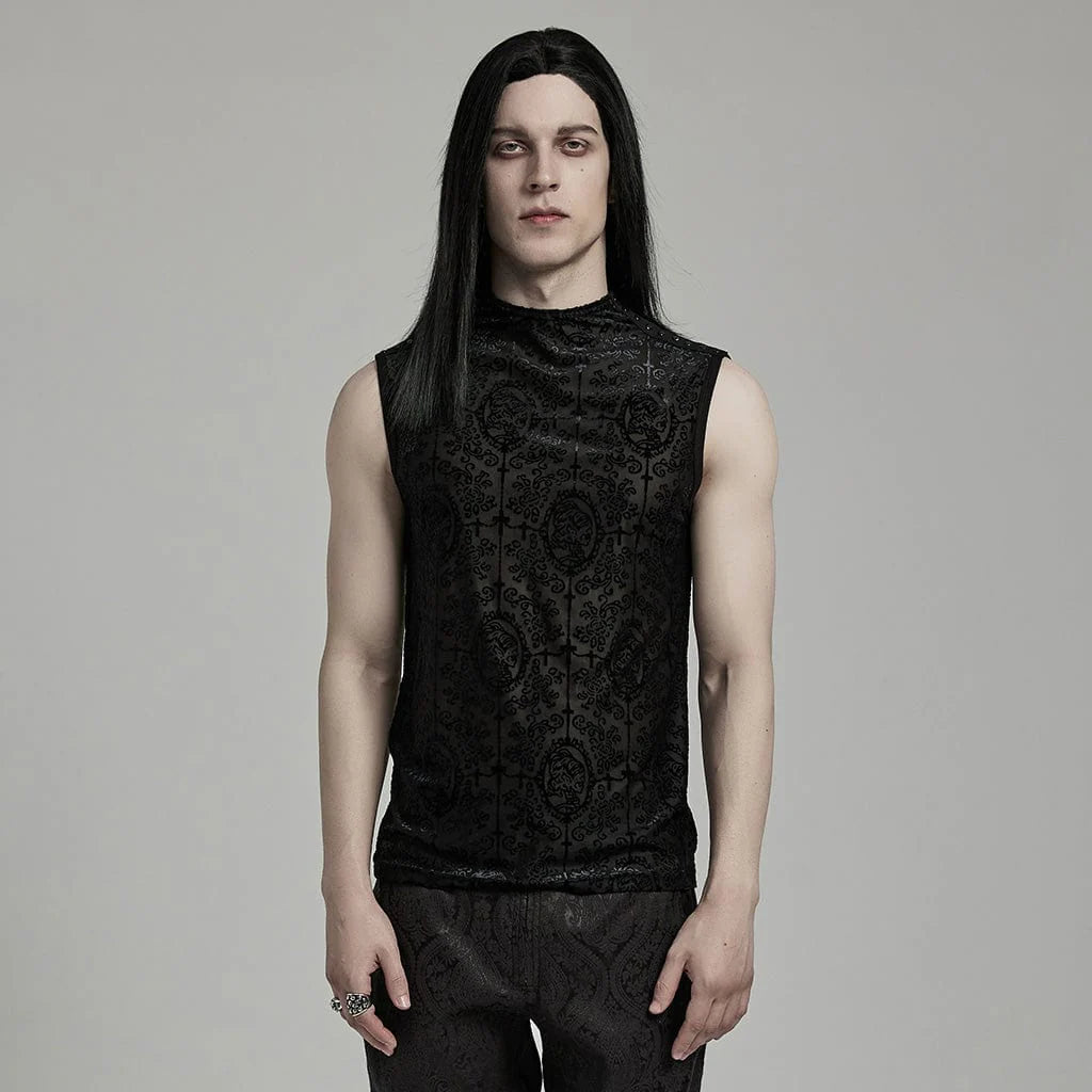 Front view of the Gothic men's fitted top featuring sleeveless design, patterned mesh fabric, and black studs on the shoulders. The high neckline adds an edgy touch to the overall look. Made from a blend of 59% polyester, 30% polyamide, and 11% elastane for a comfortable fit.