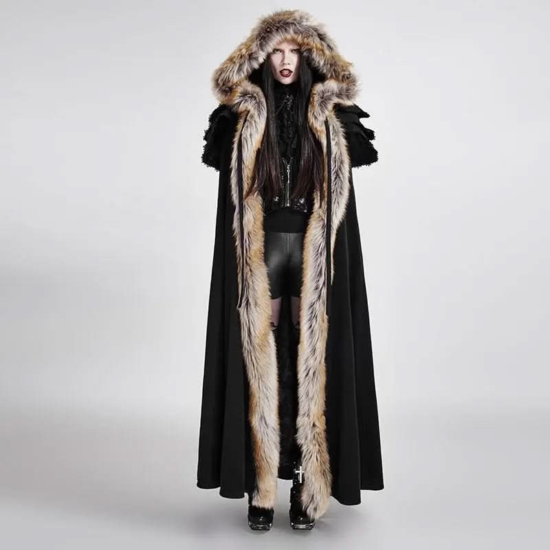 Black cloak-inspired coat with layered shadowy ruffles, brown faux fur trim, and a deep hood, perfect for cold nights and gothic style.