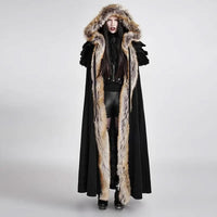 Black cloak-inspired coat with layered shadowy ruffles, brown faux fur trim, and a deep hood, perfect for cold nights and gothic style.