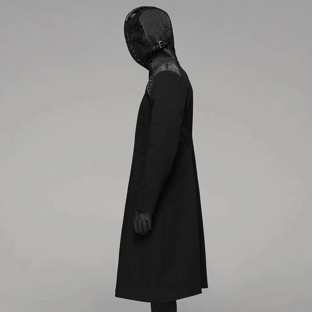 Side angle of the Eternally Repressed coat, highlighting the sleek silhouette and functional design features.